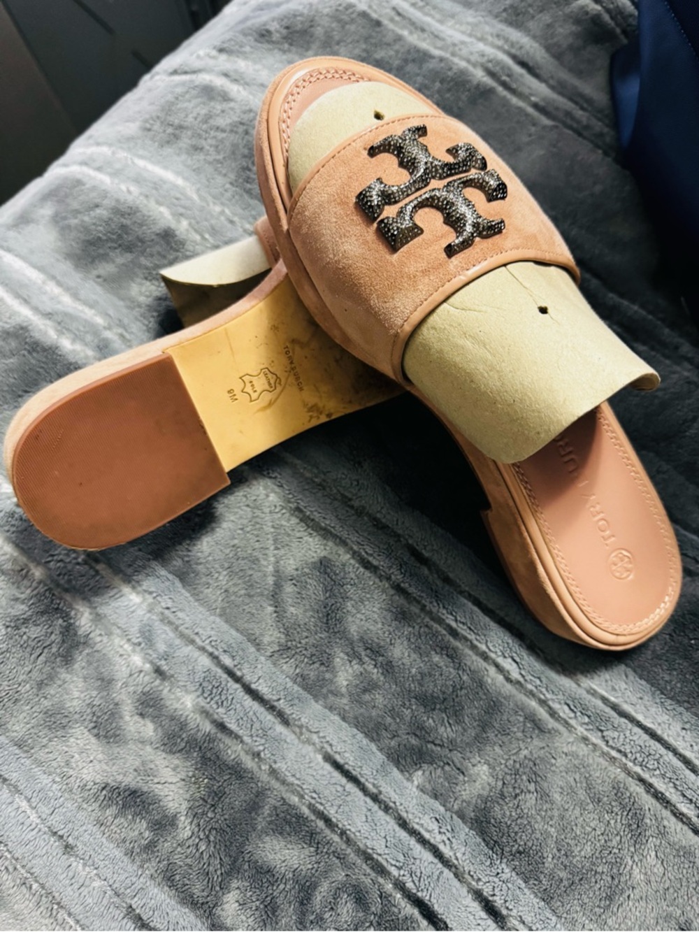 Tory Burch Blush Pink Suede Slide Sandals with Rhinestone Logo - Picture 2 of 5
